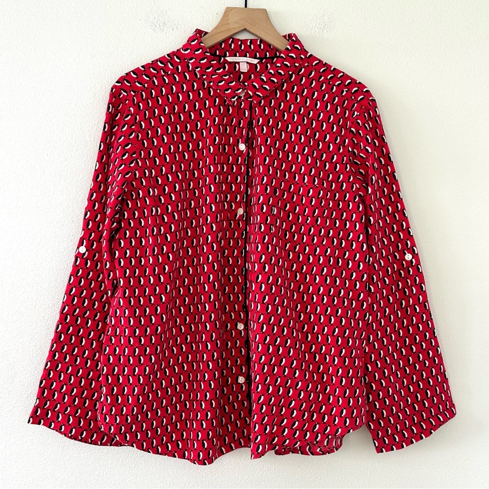 VICTORIA'S SECRET Penguin Print Pajama Sleep Shirt Button up Red XL 100% Cotton